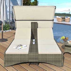 PE Wicker Outdoor Patio Chaise Lounge with Canopy Adjustable Backrest, Storage Box And 2 Cup Holders, Cream Seat Cushion