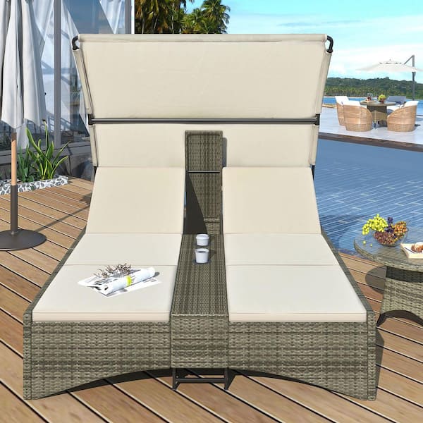Unbranded PE Wicker Outdoor Patio Chaise Lounge with Canopy Adjustable Backrest, Storage Box And 2 Cup Holders, Cream Seat Cushion