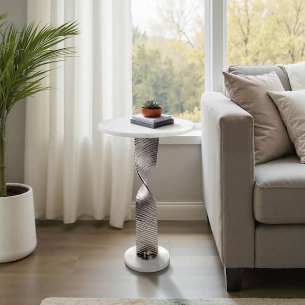 15 in. Silver Round Marble Top End Table with Twisted Etched Base
