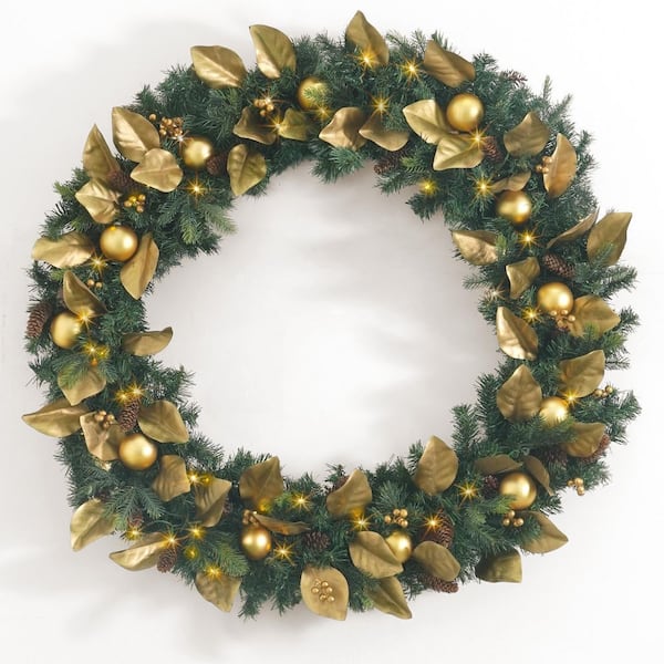 48 in. Green Pre-Lit LED Magnolia and Eucalyptus Artificial Christmas Wreath