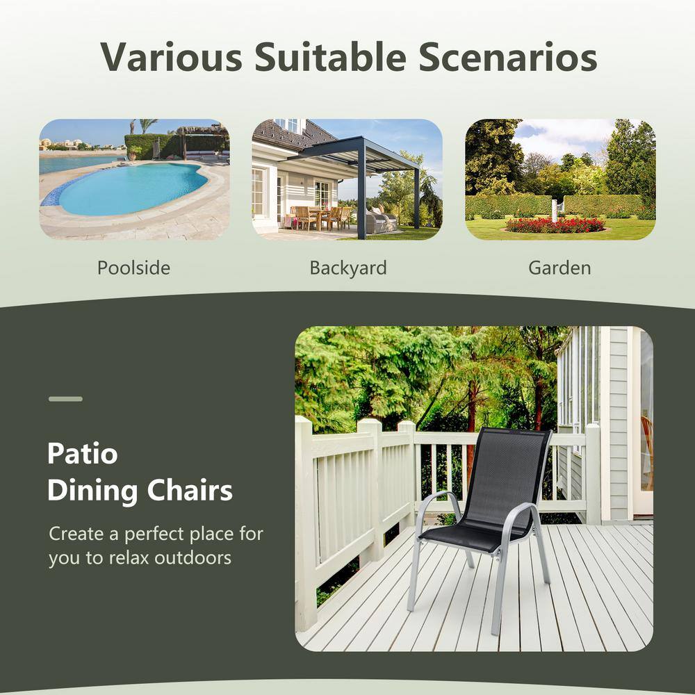 Black Stackable Outdoor Dining Chairs with Armrests, Set of 4