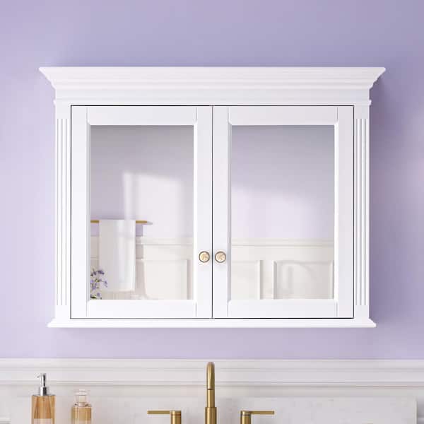 WELLFOR 40 in. W x 30 in. H White Rectangular Handmade Wood Surface Mount Medicine Cabinet with Mirror, 2 Soft Close Doors