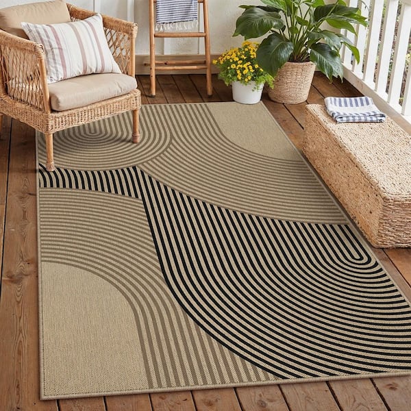 Geometric Fusion Linen-look Brown/Black3 ft. x 5 ft. Geometric Area Rug