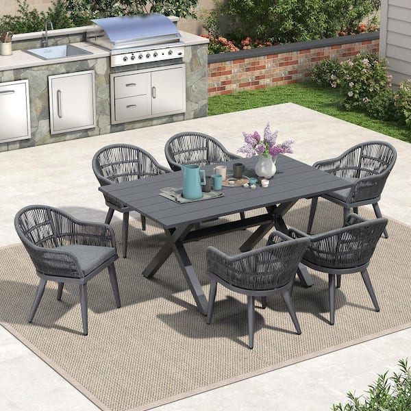 PURPLE LEAF 7 Piece Aluminum All-Weather PE Rattan Rectangular Outdoor Dining Set with Cushion, Grey