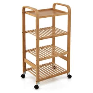4-Tier Natural Bamboo Kitchen Cart with Storage Shelf and Lockable Casters