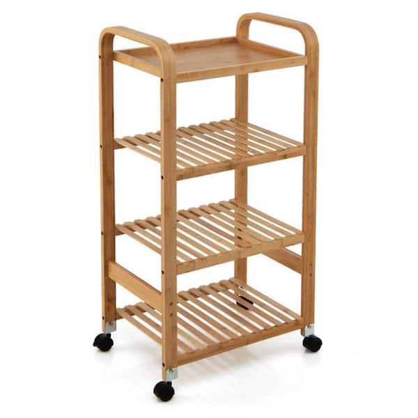 Bunpeony 4-Tier Natural Bamboo Kitchen Cart with Storage Shelf and Lockable Casters