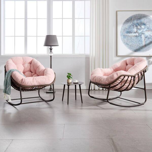 Wicker Outdoor Rocking Chair with Pink Cushion, Rattan Padded