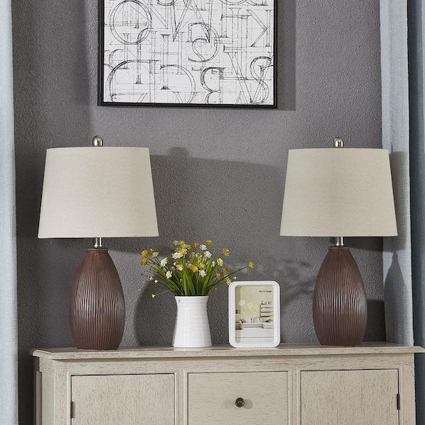 Sacramento 22.25 in. Brown Ceramic Dimmable Table Lamp with Teal (Set of 2)