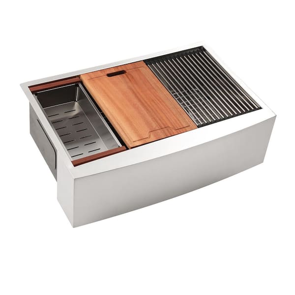 33 in. Apron-Front Double Bowl(50/50) 16 Gauge Brushed Nickel Stainless Steel Workstation Kitchen Sink