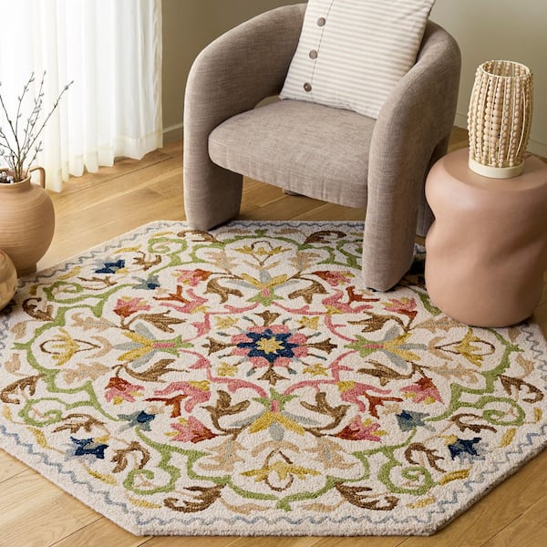 Jardin 5 ft. x 5 ft. Octagon Ivory/Green Concentric Floral Area Rug