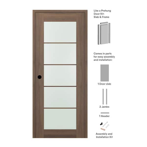 30 in. x 80 in. Vona Right-Hand Solid Composite Core Frosted Glass Pecan Nutwood Wood Single Prehung Interior Door