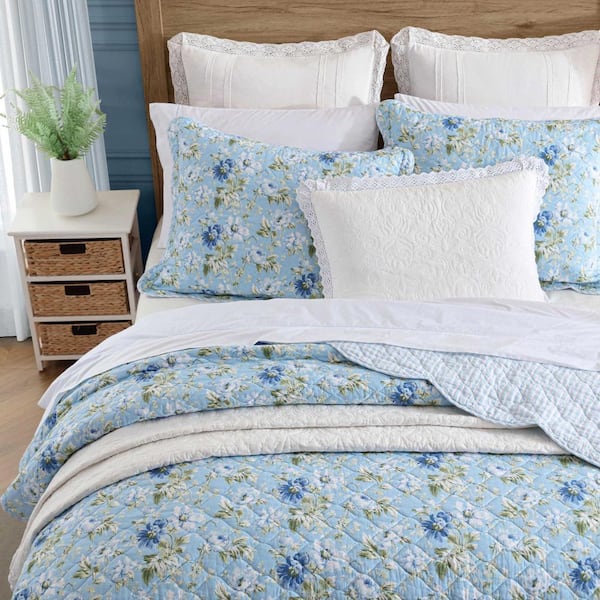 Laura Ashley Peony Garden 3-Piece Blue Reversible 100% Cotton King