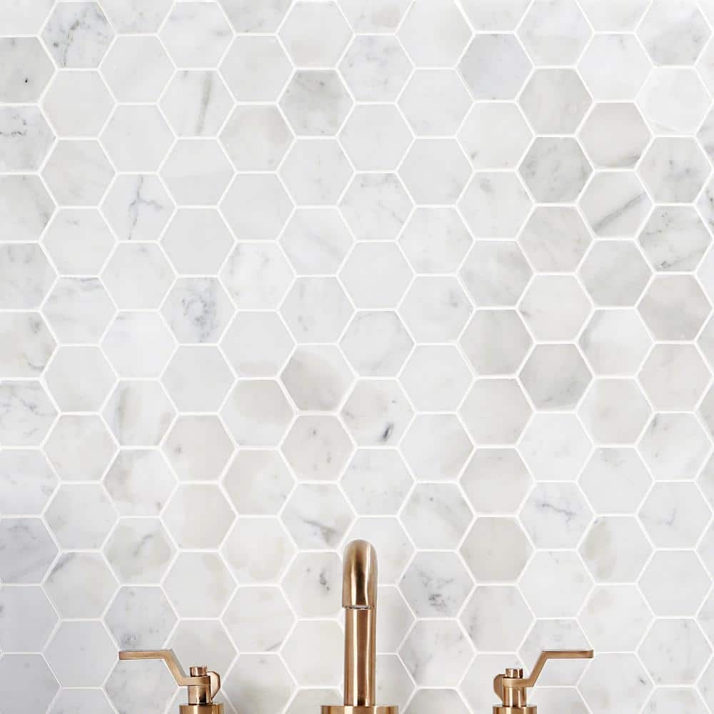 White Carrara 2" Hexagon Polished Marble Mosaic Tile