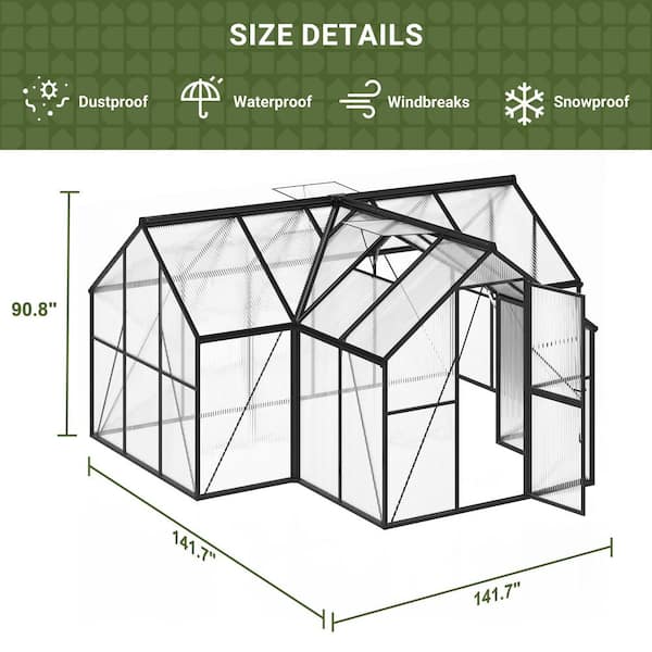 VIWAT 12 ft. W x 12 ft. D Greenhouse for Outdoors, Polycarbonate