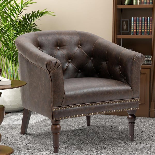 Mid-Century Modern Chocolate PU Leather Accent Chair, Upholstered Arm Chair