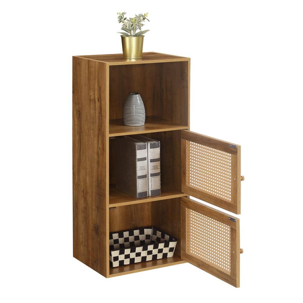Boho Weave Brown Storage Cabinet with Lockable Shelf, 35.25" Height