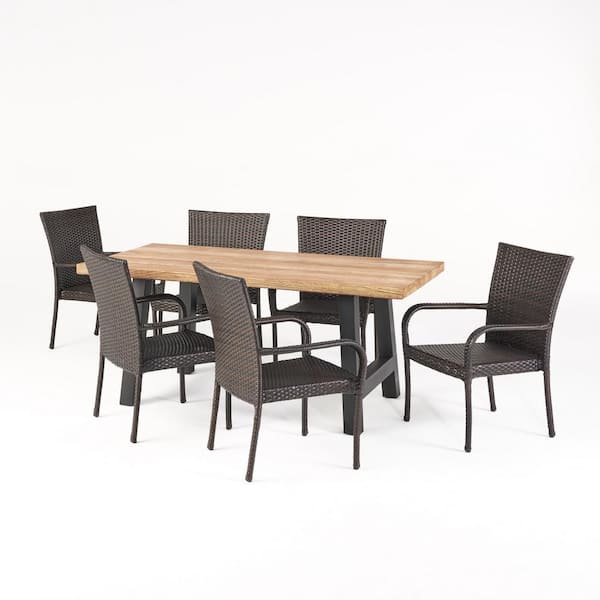 Noble House Morrison Multi-Brown 7-Piece Faux Wicker Rectangle 30 in. Outdoor Dining Set