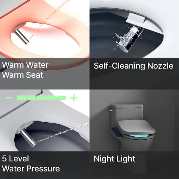Electric Bidet Seat for Elongated Toilets with Tankless, Stainless Nozzle, Night Light, Soft Close, Heated Seat in White