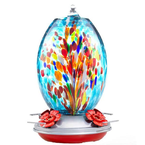 27 oz. Outdoor Glass Hummingbird Feeder, Includes Ant Moat and Brush, Unique Gift for Mom Women, Blue Fireworks