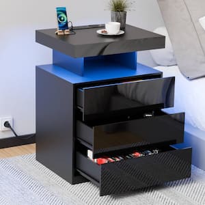 Modern Black 3-Drawer 26.8 in. H x 19.7 in. W x 15.8 in. D Nightstand with Charging Station and RGB LED Light Strip