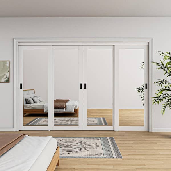 120 in. x 80 in. Solid Core 1-Lite Mirror White Primed MDF Interior Closet Sliding Door with Hardware and Black Handle