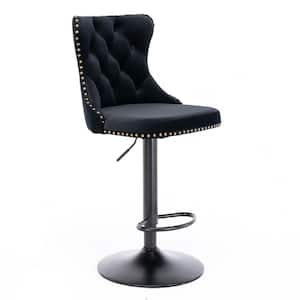 33 in. Black Adjusatble Swivel Velvet Upholstered Chrome Base Bar Stool with Tufted Backs (Set of 2)