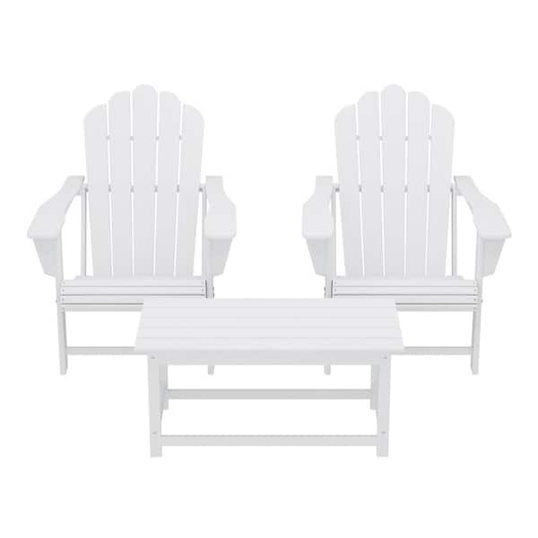 Aderson White 3-Piece All Weather Outdoor Patio HDPE Plastic Adirondack Chairs Conversation Set with Coffee Table