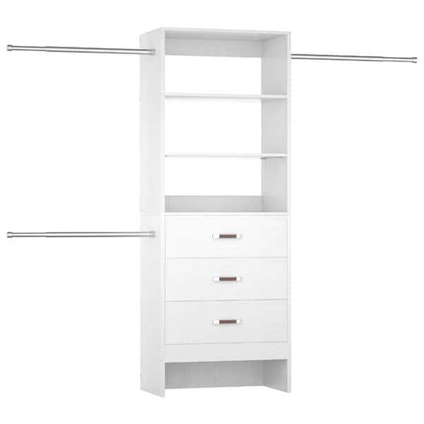 20.5 in. W - 96 in. W White Reach-In Tower Wall Mount 4-Shelf Wood Closet System With 3 Enclosed Drawers 3 Hanging Rods