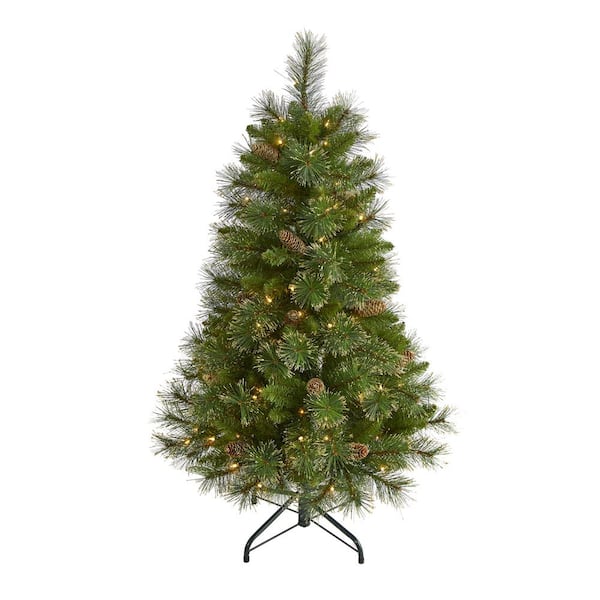 Nearly Natural 4 ft. Pre-Lit Golden Tip Washington Pine Artificial Christmas Tree with 100 Clear Lights and Pine Cones