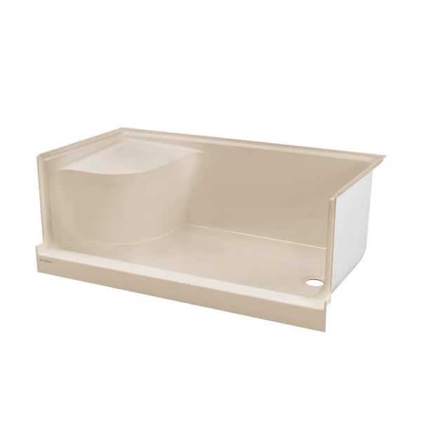 Aquatique 60 in. L x 32 in. W Alcove Shower Pan Base with Right Drain and Integral Left Hand Seat in Biscuit