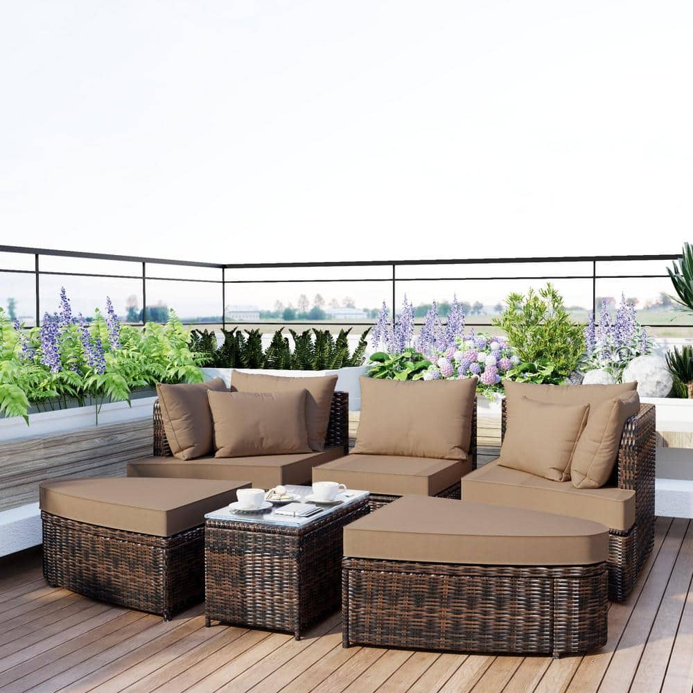 Brown 6-Piece Wicker Patio Conversation Set with Brown Cushions PE wicker Rattan Seating Group Outdoor Round Sofa price history on PriceWatchPro