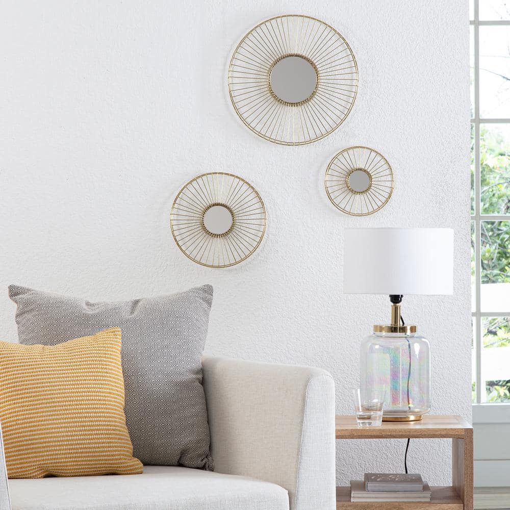 Ariston Gold Sunburst Frameless Round Wall Mirrors Set of 3