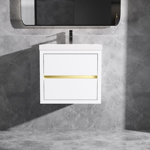 24 in. Wall-Mounted Floating Bath Vanity in White with Single Solid Surface Sink Top in White