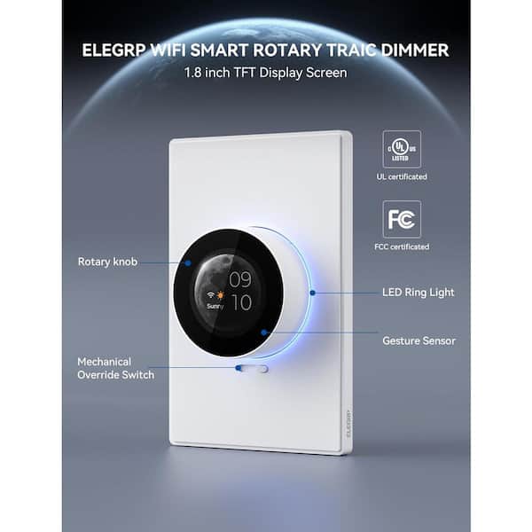WiFi Smart White Rotary Traic Dimmer with 1.8 in.TFT Display Screen, 3 Way, 1 Pack
