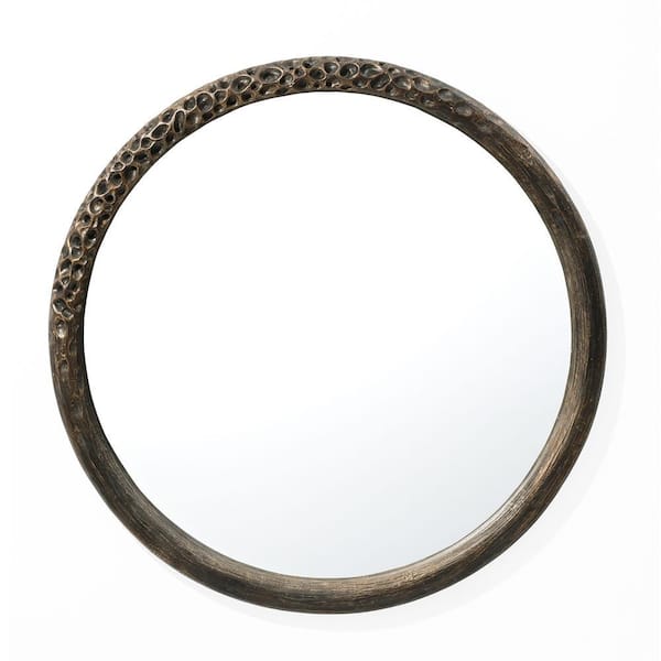 LuxenHome 32 in. W x 32 in. H Round Brown Crater Frame Wall Mirror
