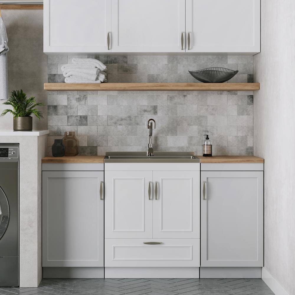 White 28-Inch Laundry Cabinet with Stainless Steel Sink
