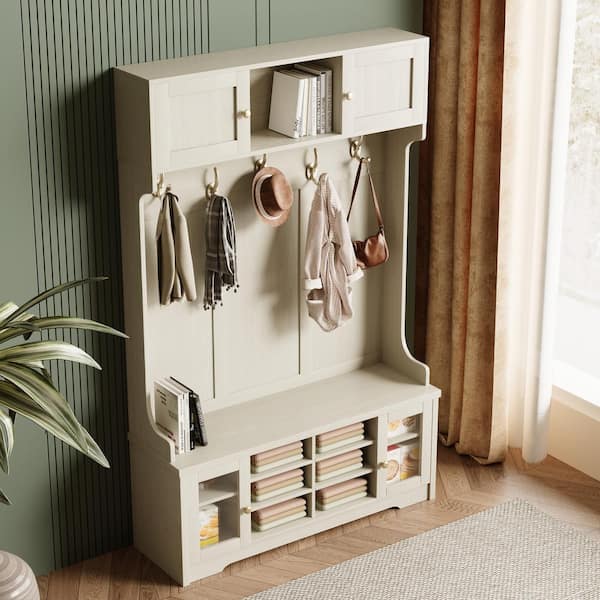 Lofka Hall Tree With Bench And Shoe Storage - Retro Hall Tree For Entryway With Storage