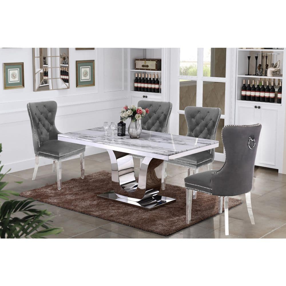 White Genuine Marble Dining Set with Dark Grey Velvet Wingback Chairs