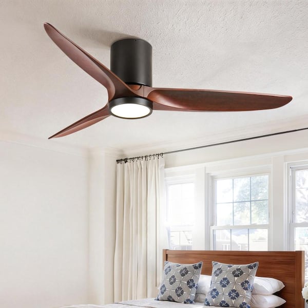 52 in Modern Black 6 Speeds Brown Standard Flush Mount Ceiling Fan with 3- Color Dimmable LED Light, APP and Remote