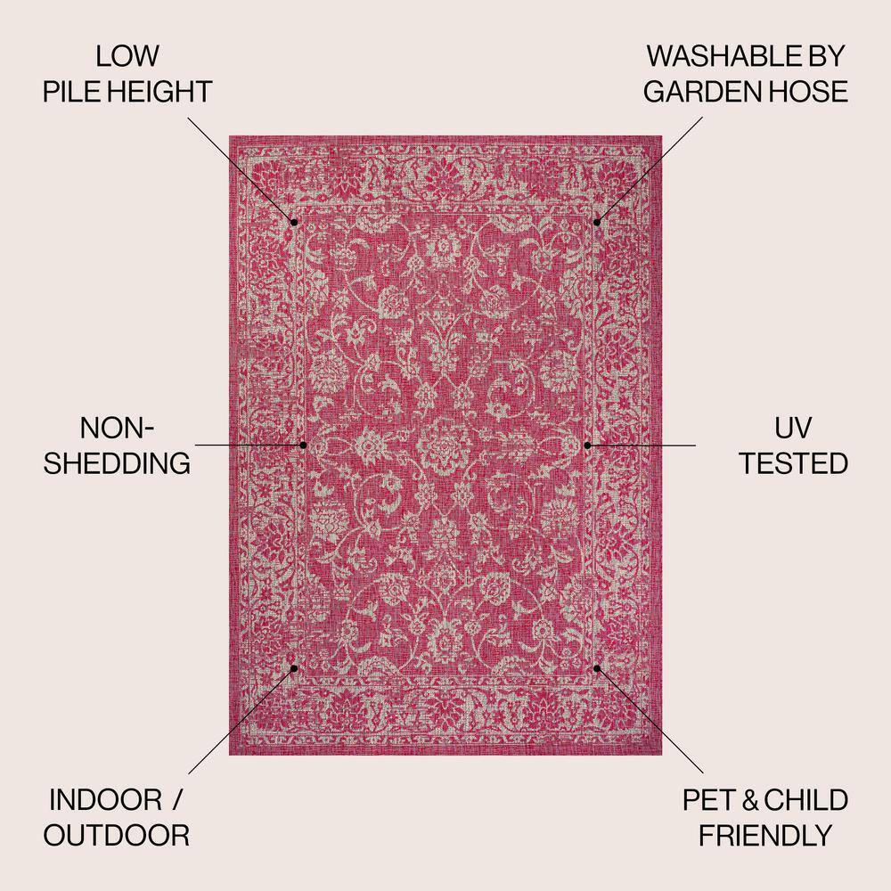 9' x 12' Fuchsia and Light Gray Floral Synthetic Area Rug