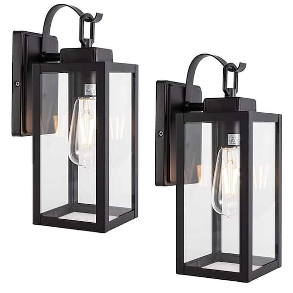Uixe 14 in. 1-Light Modern Matte Black Outdoor Hardwired Wall Lantern Sconce with No Bulbs Included (2-pack)