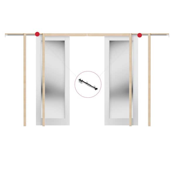 TENONER 60 in. x 80 in. 1-Lite Mirror Glass White Primed Solid Wood Sliding Pocket Door with Soft Close, Frame and Hardware