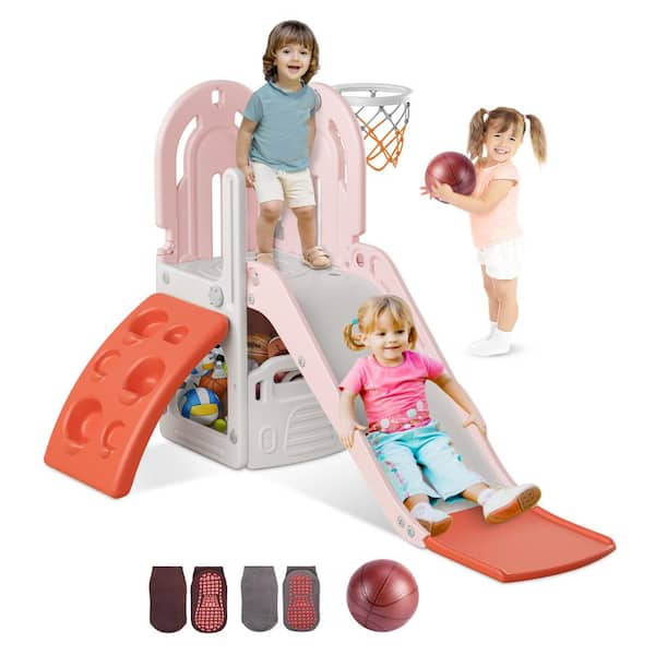 SEEUTEK 5.05 ft. Pink Orange 4-in-1 Toddler Slide Indoor Outdoor Backyard Playground Climbing Theme Baby Slide Toy