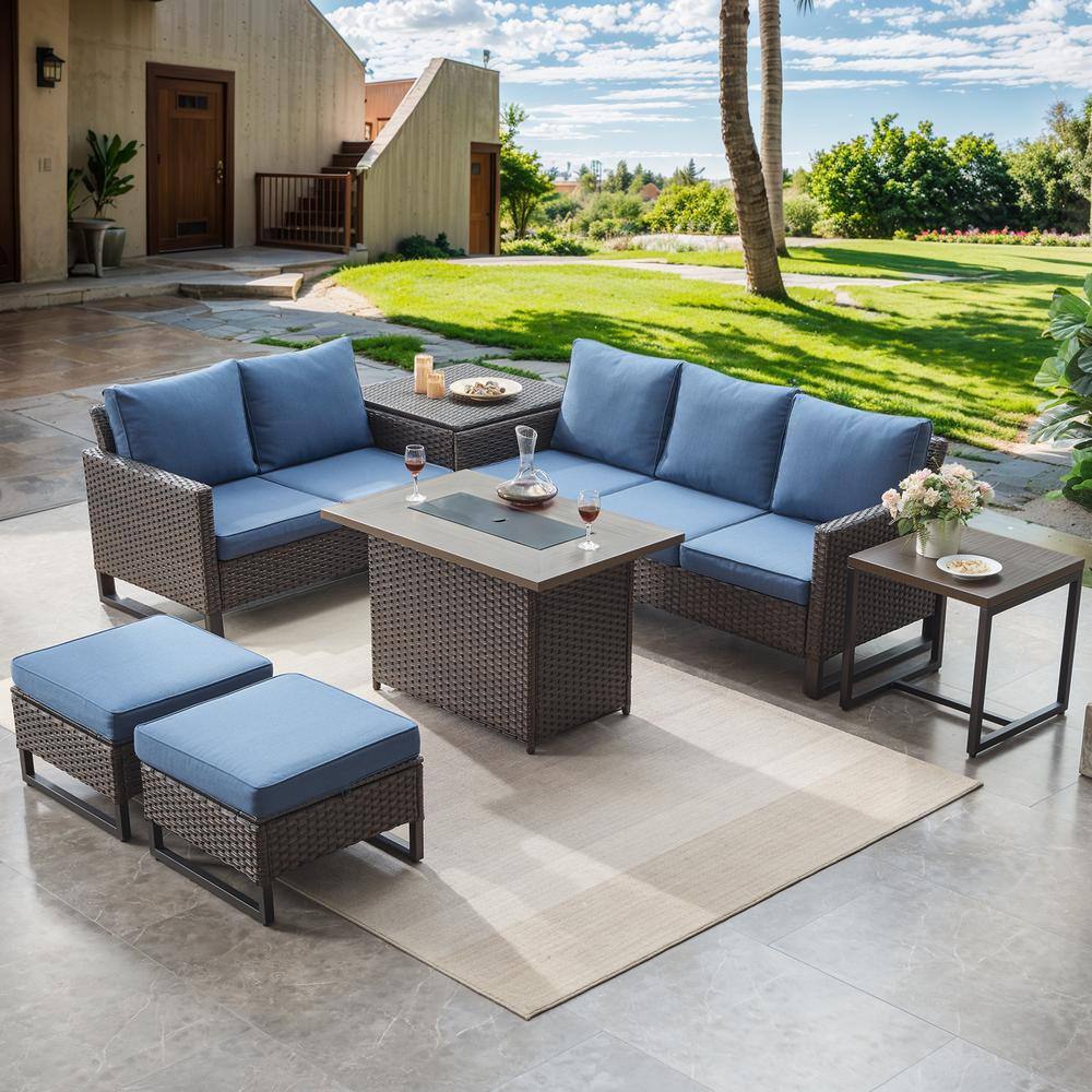 U-Frame 7-Piece Brown Wicker Fire Pit Conversation Set with Olefin Blue Cushions and Sectionsal Sofa/Storage Box price history on PriceWatchPro