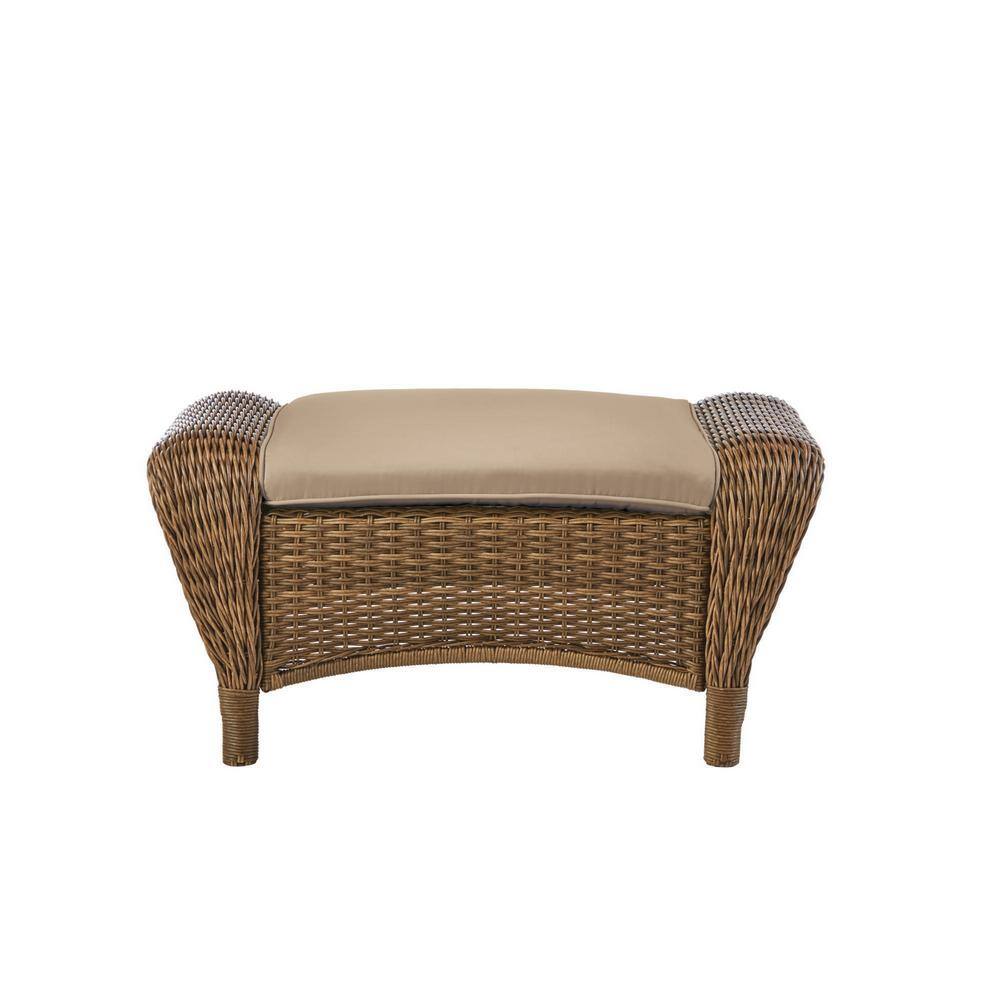 Hampton Bay Beacon Park Brown Wicker Outdoor Patio Ottoman with Sunbrella Beige Tan Cushions H017-01574700 Sansujyuku sansujyuku.com