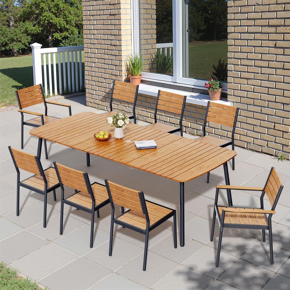 9-Piece 92.9 in. Brown Aluminum Patio Outdoor Dining Set, Rectangle Table with Umbrella Hole and Stacking Chairs price history on PriceWatchPro