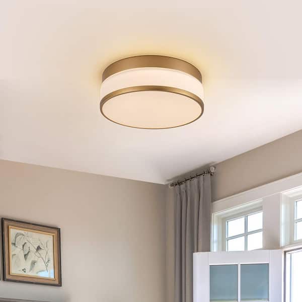 Lennox 11.42 in. 1-Light Brushed Gold Modern Integrated LED Drum Flush Mount with Opal Glass Shade
