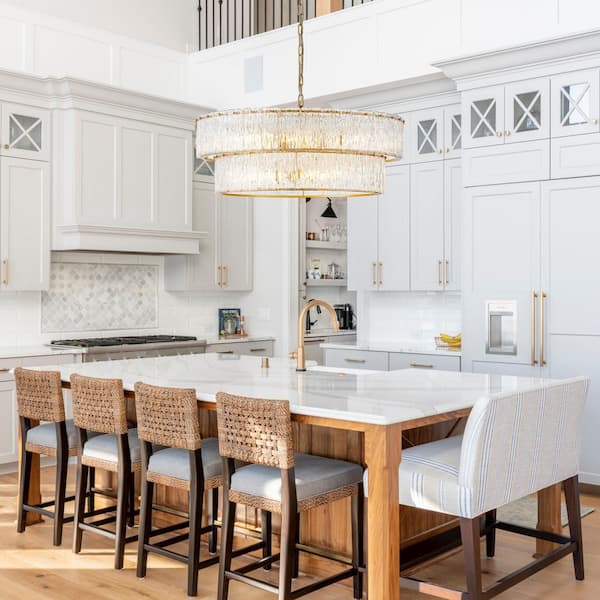 8 Light 31.62 in. Painted Gold Chandelier Pendant Light 2-Tiered with Glass Plates