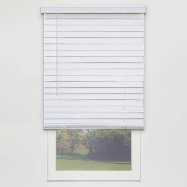 Perfect Lift Window Treatment White Cordless Room Darkening Faux Wood Blinds with 2 in. Slats - 21.5 in. W x 72 in. L