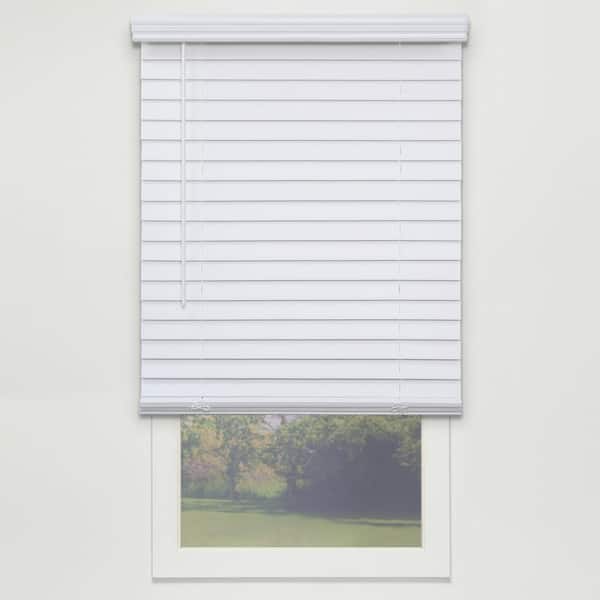 Perfect Lift Window Treatment White Cordless Room Darkening Faux Wood Blinds with 2 in. Slats - 22.5 in. W x 48 in. L